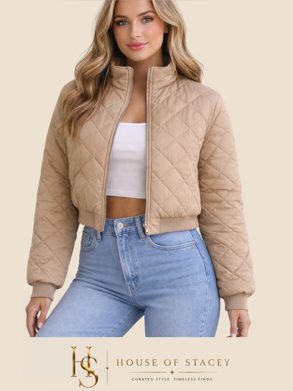 Khaki Quilted Puffer Jacket Women’s Large Cropped Zip Up Coat